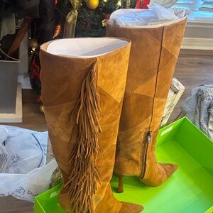 Sam Edelman Brown Suede patchwork fringe knee high Boots.